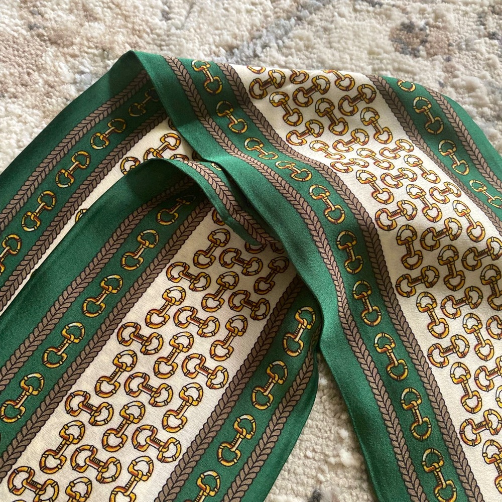 New Long Multipurpose Saddle Print Scarf Silk Like Green Cream Brown Stripe - Picture 6 of 13